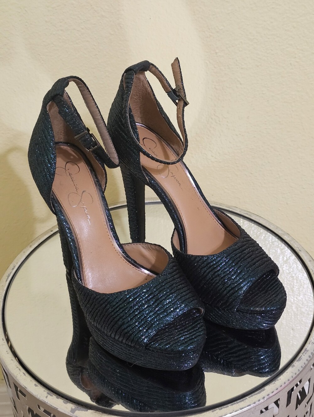 Jessica Simpson Iridescent Dark Green Open-Toe Ankle Strap Heels